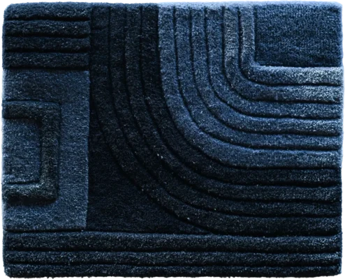 Luxury designer rug featuring textured blue and black geometric patterns, high-end craftsmanship.