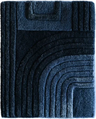Luxury designer rug with textured abstract pattern and raised lines in dark blue and black.