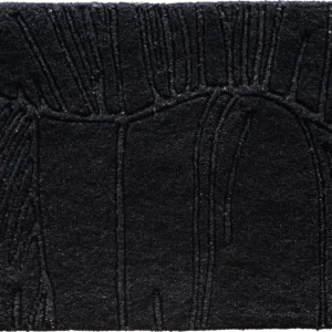 Luxury designer rug with a black textured surface and shiny, abstract raised lines.