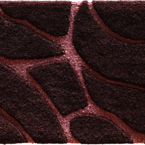 Close-up of a luxury designer rug, rectangular brown and maroon high-end floor mat with a textured stone-like pattern.