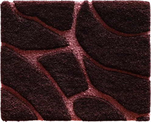Close-up of a luxury designer rug, rectangular brown and maroon high-end floor mat with a textured stone-like pattern.