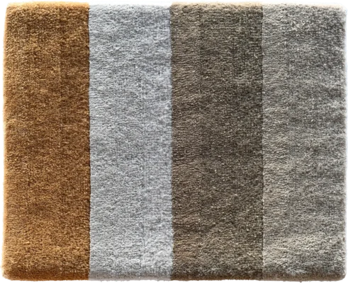 A luxury designer rug sample with four vertical stripes in brown and gray wool tones.