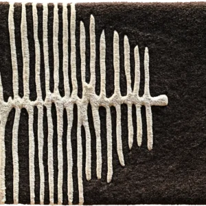 A dark brown luxury designer rug with a light abstract fishbone pattern on high-end wool.