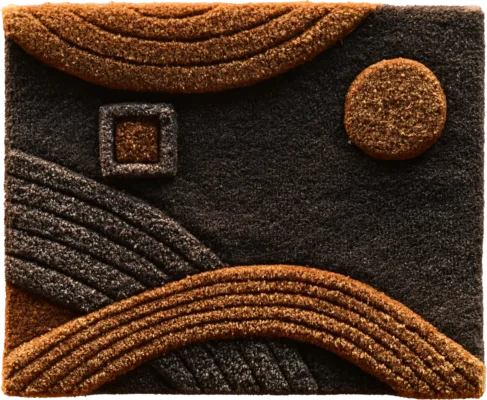 Luxury designer rug featuring abstract curved orange and brown lines on a dark base.