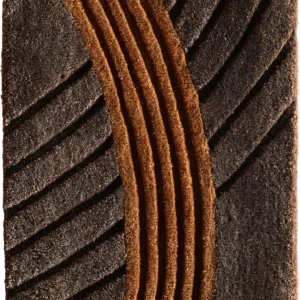 Luxury designer rug with textured surface, curved dark lines, and raised brown ridges.