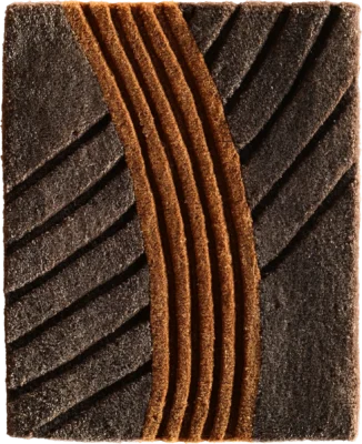 Luxury designer rug with textured surface, curved dark lines, and raised brown ridges.
