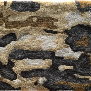 Luxury designer rug tile featuring a brown, beige, gray, and black camouflage pattern.