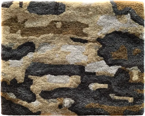 Luxury designer rug tile featuring a brown, beige, gray, and black camouflage pattern.