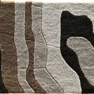 Luxury designer rug with abstract brown, beige, and black patterns in high-end wool.