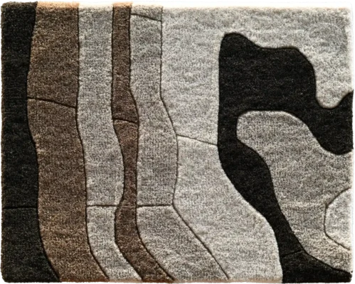 Luxury designer rug with abstract brown, beige, and black patterns in high-end wool.