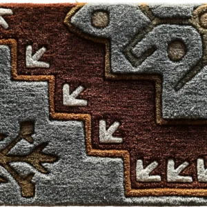 Luxury designer rug with abstract brown and gray patterns, arrow and branch motifs in yellow and white, high-end handmade wool.