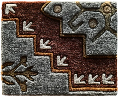 Luxury designer rug with abstract brown and gray patterns, arrow and branch motifs in yellow and white, high-end handmade wool.