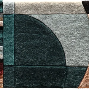 Luxury designer rug featuring geometric patterns in green, gray, beige, and brown.