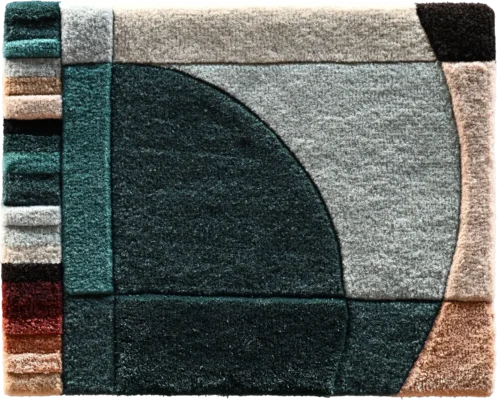 Luxury designer rug featuring geometric patterns in green, gray, beige, and brown.