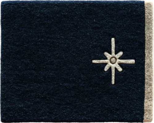 Luxury designer rug in dark textured finish with a vertical beige stripe and star motif.