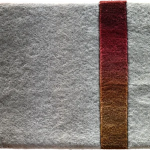 Designer luxury rug sample with textured gray wool, silk finish, and red-to-brown accent stripe.
