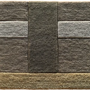 Luxury designer wool and silk rug in grey and beige geometric grid with dark stripe.
