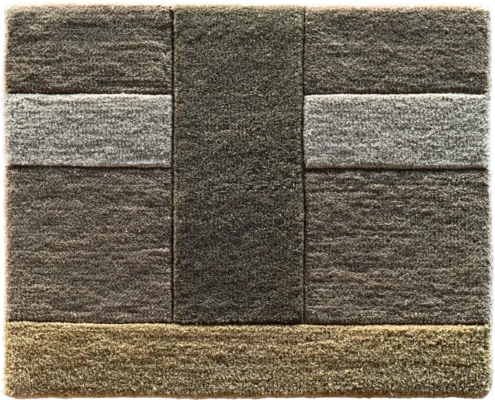 Luxury designer wool and silk rug in grey and beige geometric grid with dark stripe.