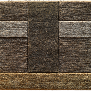Luxury designer rug with textured horizontal brown, tan, and gray bands and a vertical dark brown stripe.