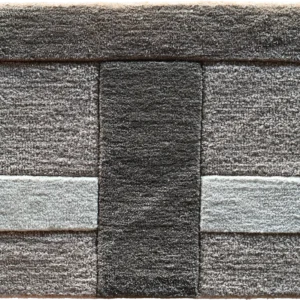 Luxury designer rug featuring textured wool, a central dark stripe, and elegant gray-beige sections.