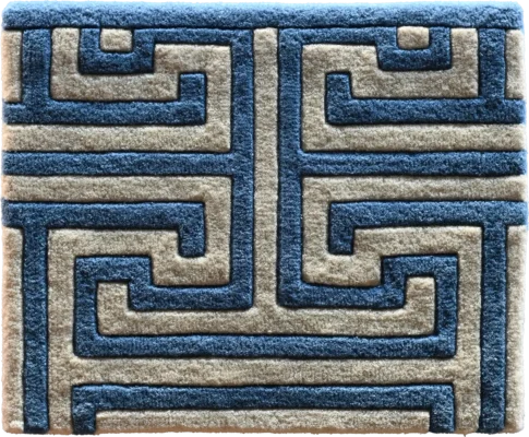 Luxury designer rug with raised blue and beige geometric maze pattern, high-end and custom-made.