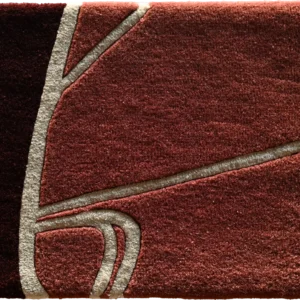 Luxury designer rug featuring textured brown and burgundy, abstract lines, handmade wool quality.