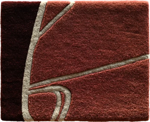 Luxury designer rug featuring textured brown and burgundy, abstract lines, handmade wool quality.