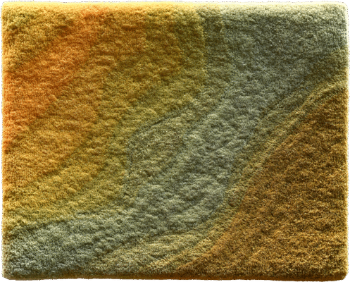 Luxury designer rug featuring a textured square pattern in yellow, gold, green, and brown.