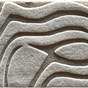Rectangular luxury designer rug with raised wavy lines and abstract gray motifs, evoking a high end handmade wool rug texture.