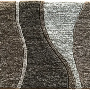 Luxury designer rug tile featuring abstract wavy patterns in brown, beige, and cream.