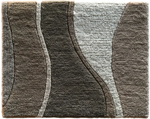 Luxury designer rug tile featuring abstract wavy patterns in brown, beige, and cream.