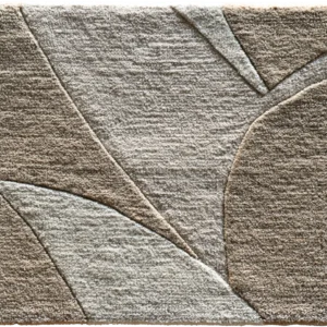 Luxury designer rug tile in beige and light brown with raised leaf pattern, high end texture.