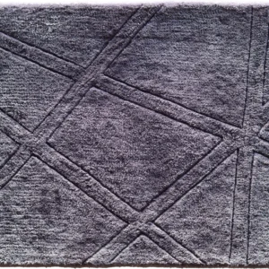 A luxury designer gray square rug with geometric raised lines, high-end handmade wool.