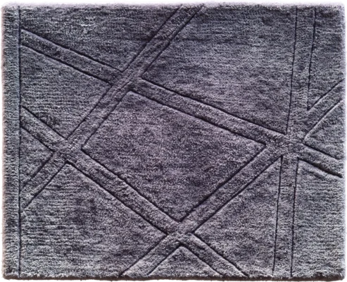 A luxury designer gray square rug with geometric raised lines, high-end handmade wool.