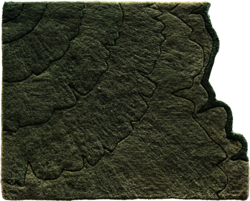 Luxury handmade silk wool designer rug in dark green with organic, layered patterns.