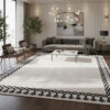 Modern living room with a luxury designer rug, handmade silk and wool, custom geometric border.