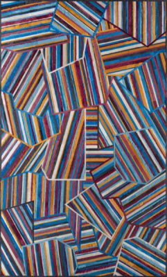 Aerials 16656 luxury designer rug features geometric polygons with vibrant stripes, ideal for high end interiors.