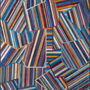 Aerials 16656 luxury designer rug features geometric polygons with vibrant stripes, ideal for high end interiors.