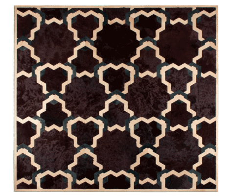 Luxury designer Lucy Greystone rug, square, handmade wool with geometric beige, teal, and burgundy pattern.