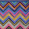 Luxury designer rug with vibrant chevron pattern in blue, yellow, pink, and beige.