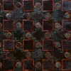 Luxury designer rug "Ignition Hide 27421" features a grid of bold shapes on a dark, high-end handmade hide rug background.