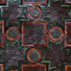 Luxury designer rug with a geometric motif, handmade hide and wool, brown, green, orange.