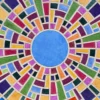 Luxury designer rug with a blue circle, colorful segments, and rectangles in a high-end geometric pattern.