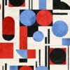 Luxury custom rug with geometric abstract pattern, handmade hide design in red, blue, and black on white.