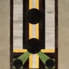 Luxury designer rectangular wool rug with geometric black, yellow, and green stripes on beige.