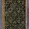 The Boulle Hide 29148 luxury designer rug features ornate dark green and gold floral patterns with a wood border on a gray stone floor.