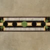 A luxury designer rug with geometric motifs, handmade wool, silk blend and bold shapes.
