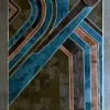 Luxury designer rug with intersecting blue, brown, and olive lines on a gray textured high-end handmade hide rug.
