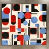 Luxury custom hide designer rug with geometric red, black, blue, and white patterns on gray wall.