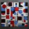 Luxury designer rug with geometric red, blue, black, and white shapes on textured background.